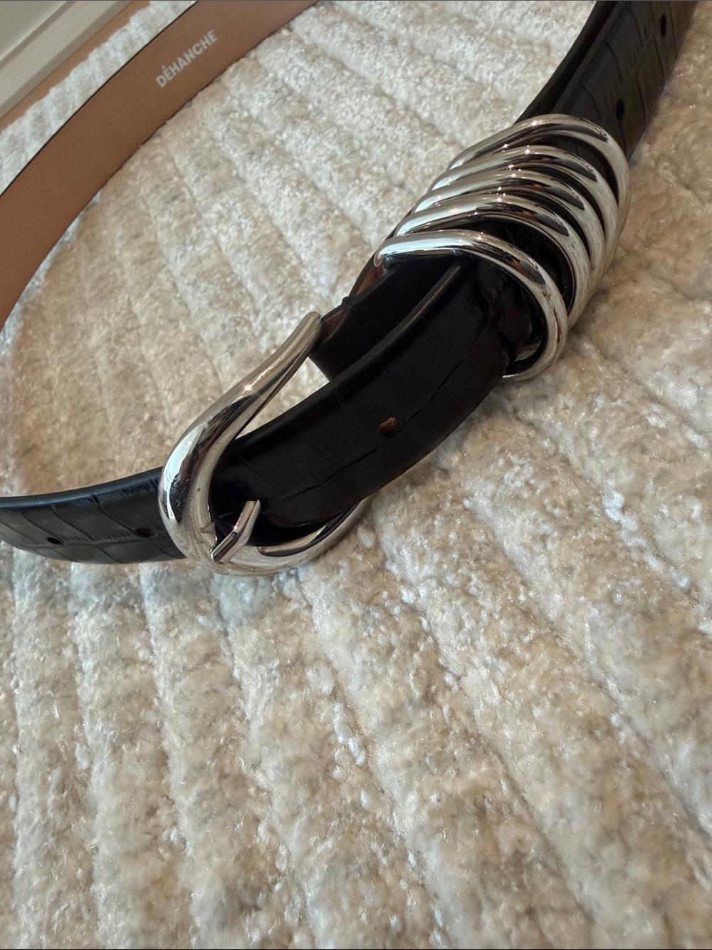 DEHANCHÉ Black Croc-Embossed Leather Belt with Silver Coil Rings